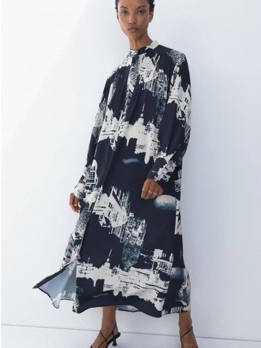 NWT H&M Navy and White Satin Printed Belted Shirt Dress, sz. XL - Picture 5 of 6